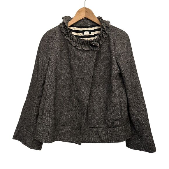 J. Crew Grey Tweed 100% Wool Silk Lined Ruffle Collar Preppy Jacket Size 6 - Picture 1 of 6